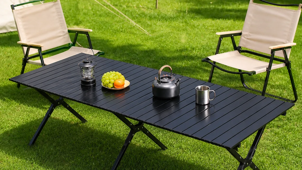 A Fuyao folding camp table and chairs set up on grass by a lake