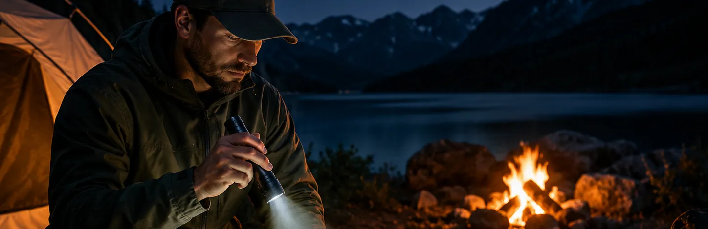 A lakeside camp at night — a glowing tent, a campfire, and a man reading a map by flashlight