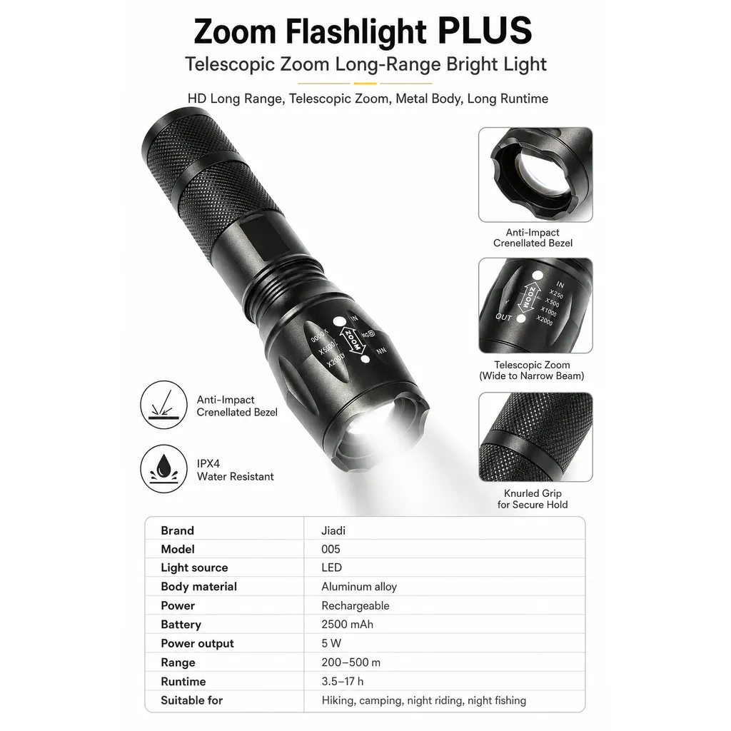 005 Rechargeable LED Flashlight White Laser Zoomable Tactical Torch
