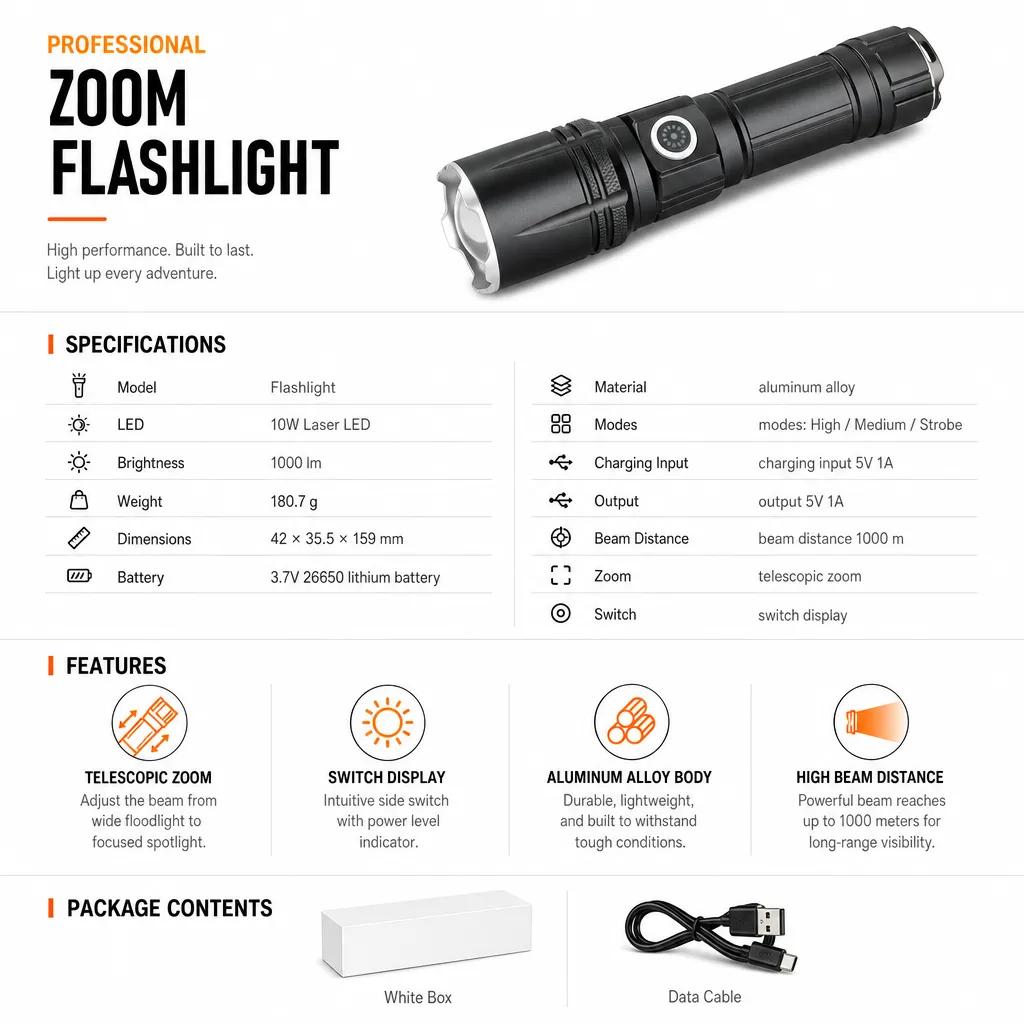 10 W Laser Zoom Flashlight 1000 lm Aluminum Alloy Rechargeable Torch