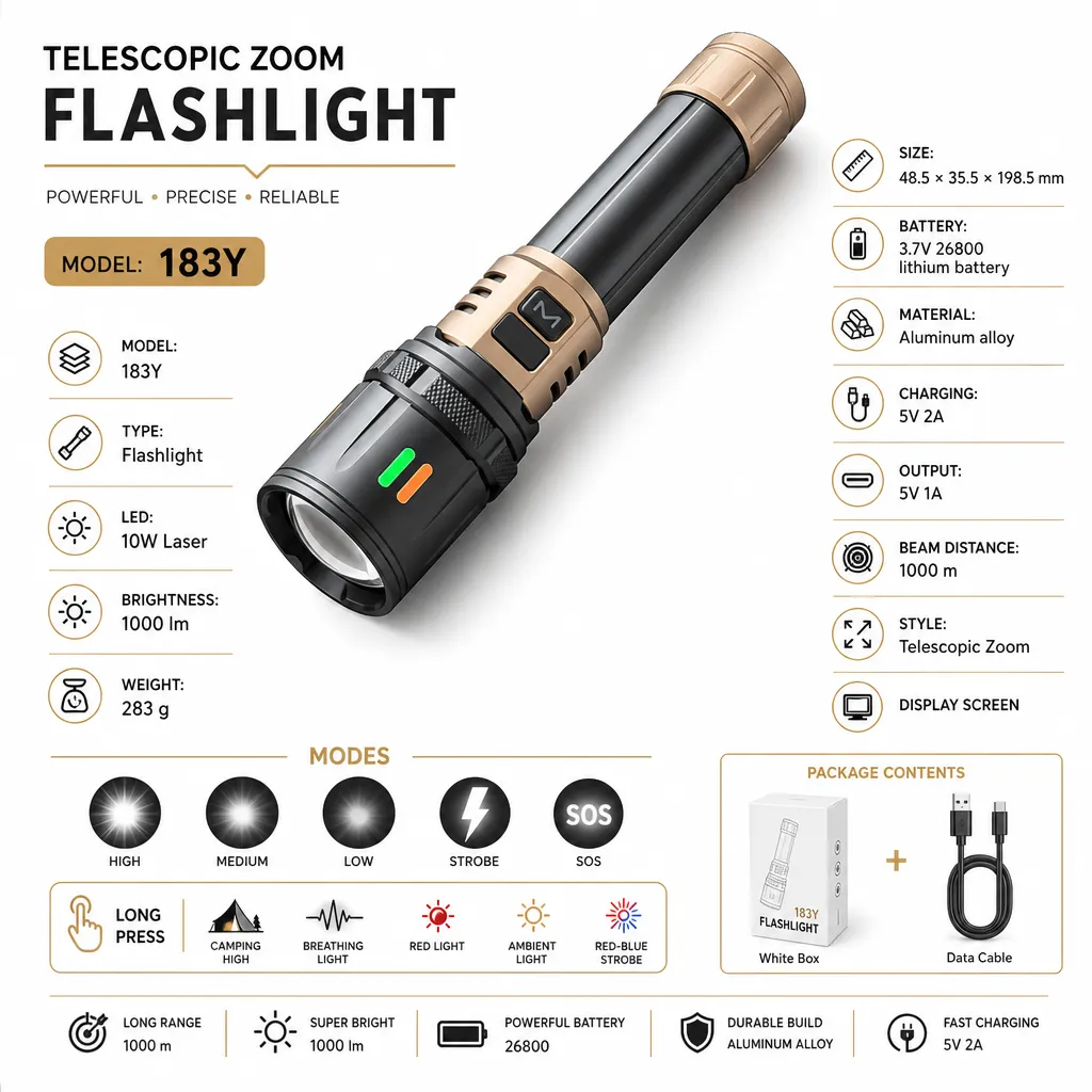 183Y 10 W Laser Rechargeable Zoom Flashlight, 1000 lm Aluminum Alloy Torch