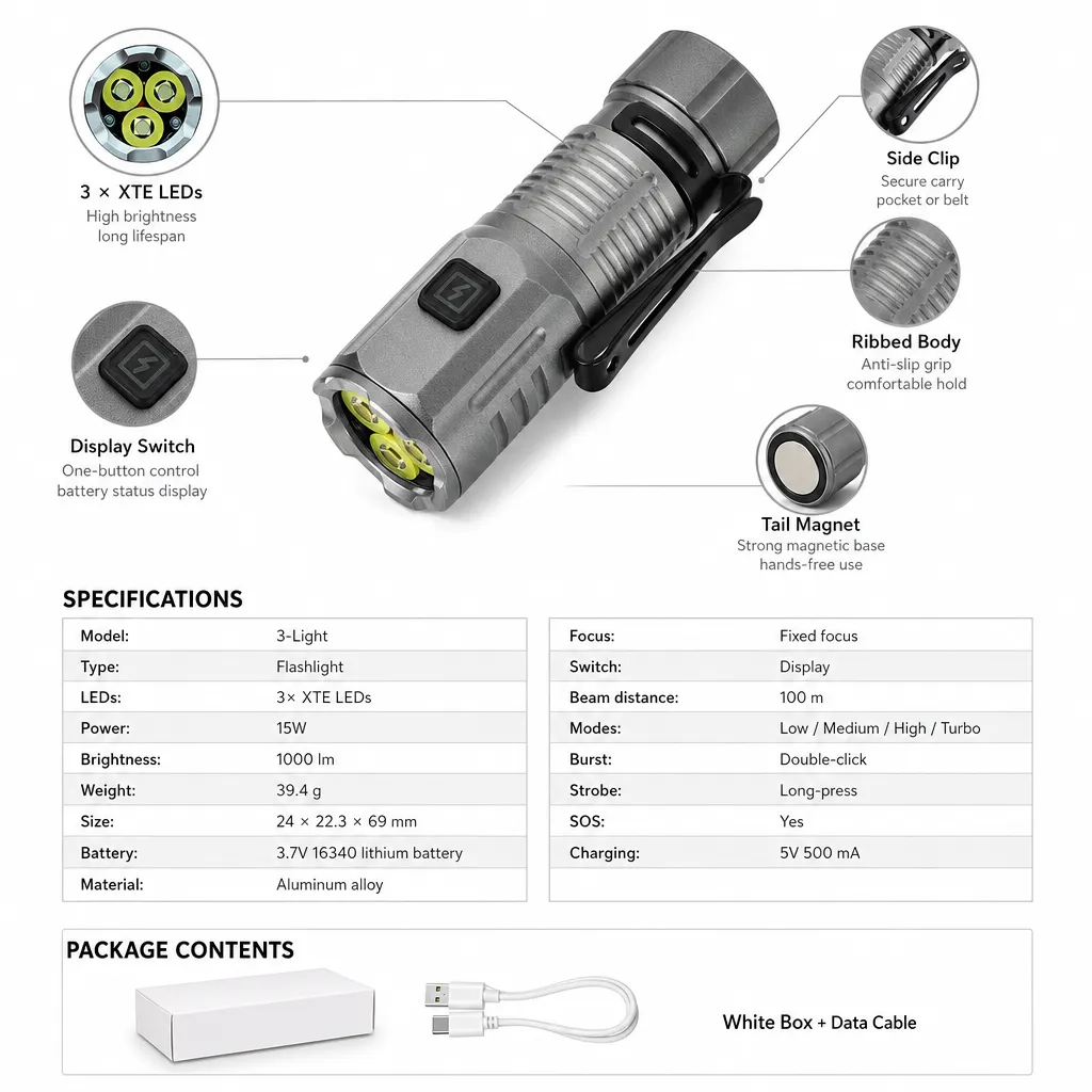3 Lights Rechargeable LED Flashlight Mini Magnetic Tail Tactical Torch