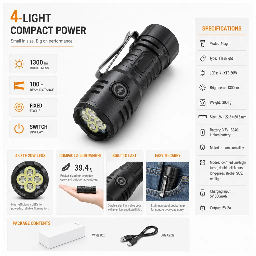 4-Light Rechargeable LED Flashlight