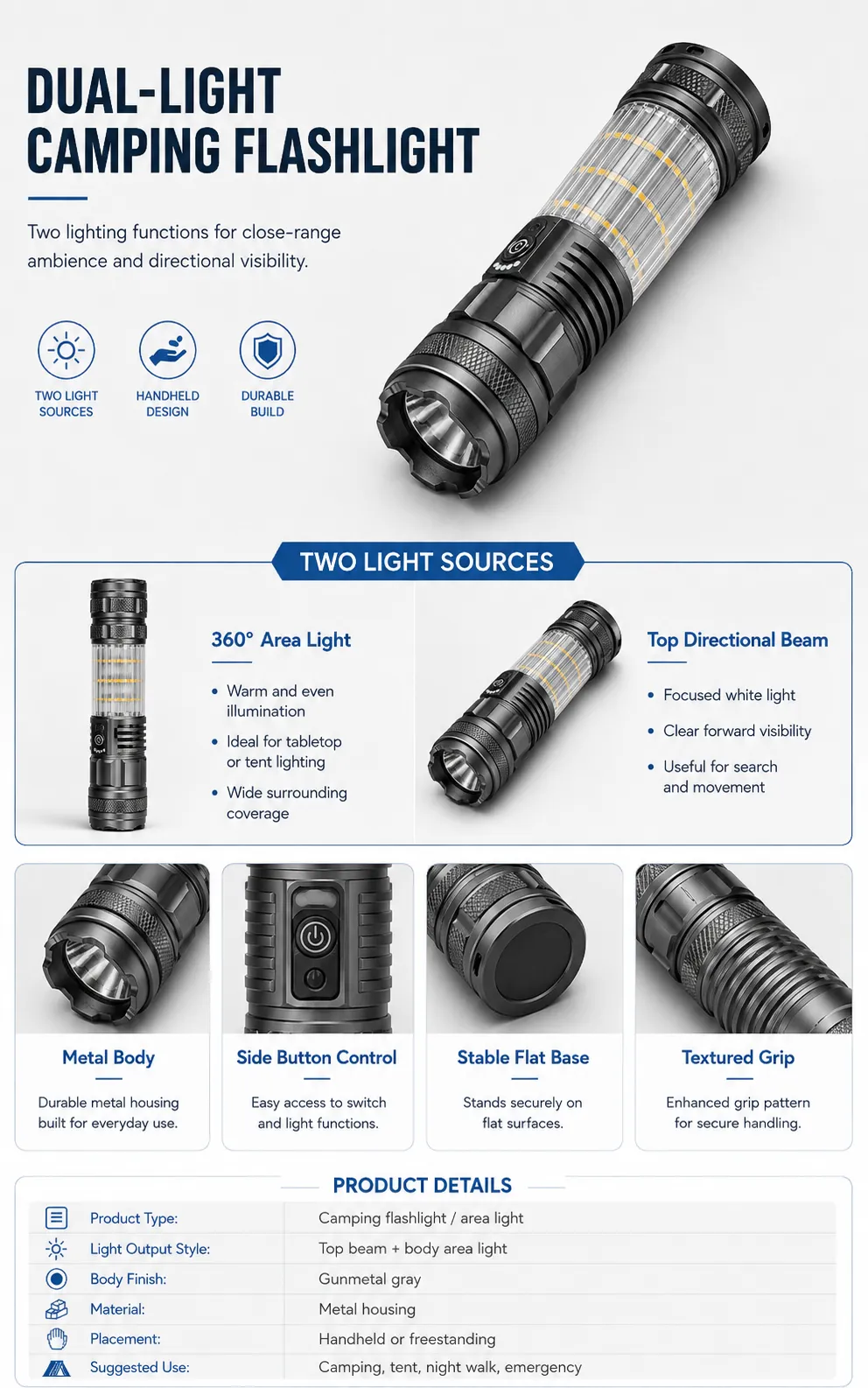 Rechargeable LED Flashlight Zoomable Camping Torch
