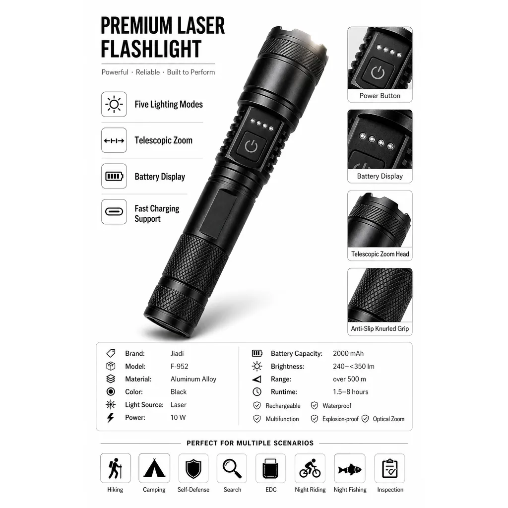 F-952 Rechargeable Laser Flashlight Zoomable Tactical Torch
