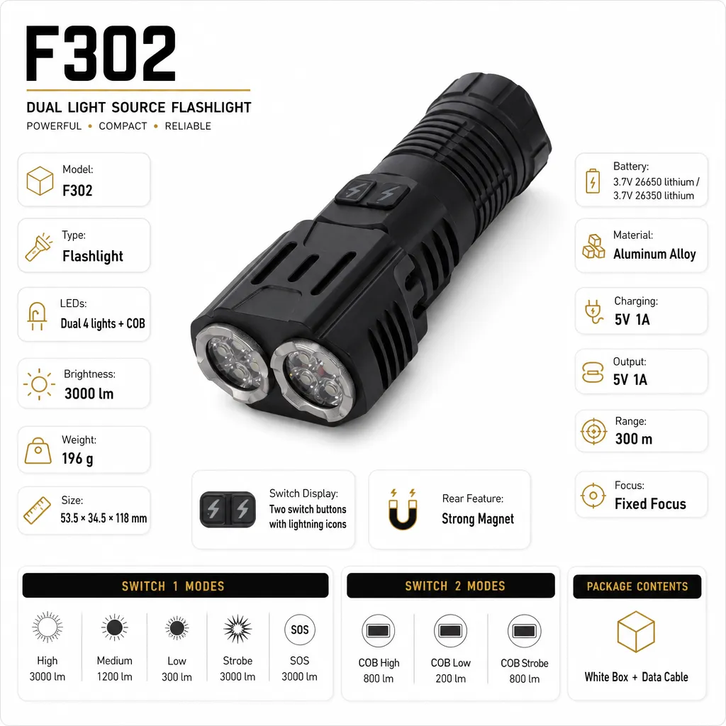 F302 Aluminum Alloy Rechargeable Dual LED COB Flashlight