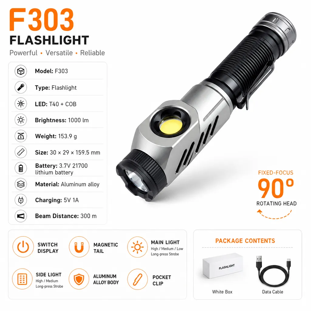 F303 1000 lm Rechargeable 90° Rotating Head Flashlight with COB Side Light