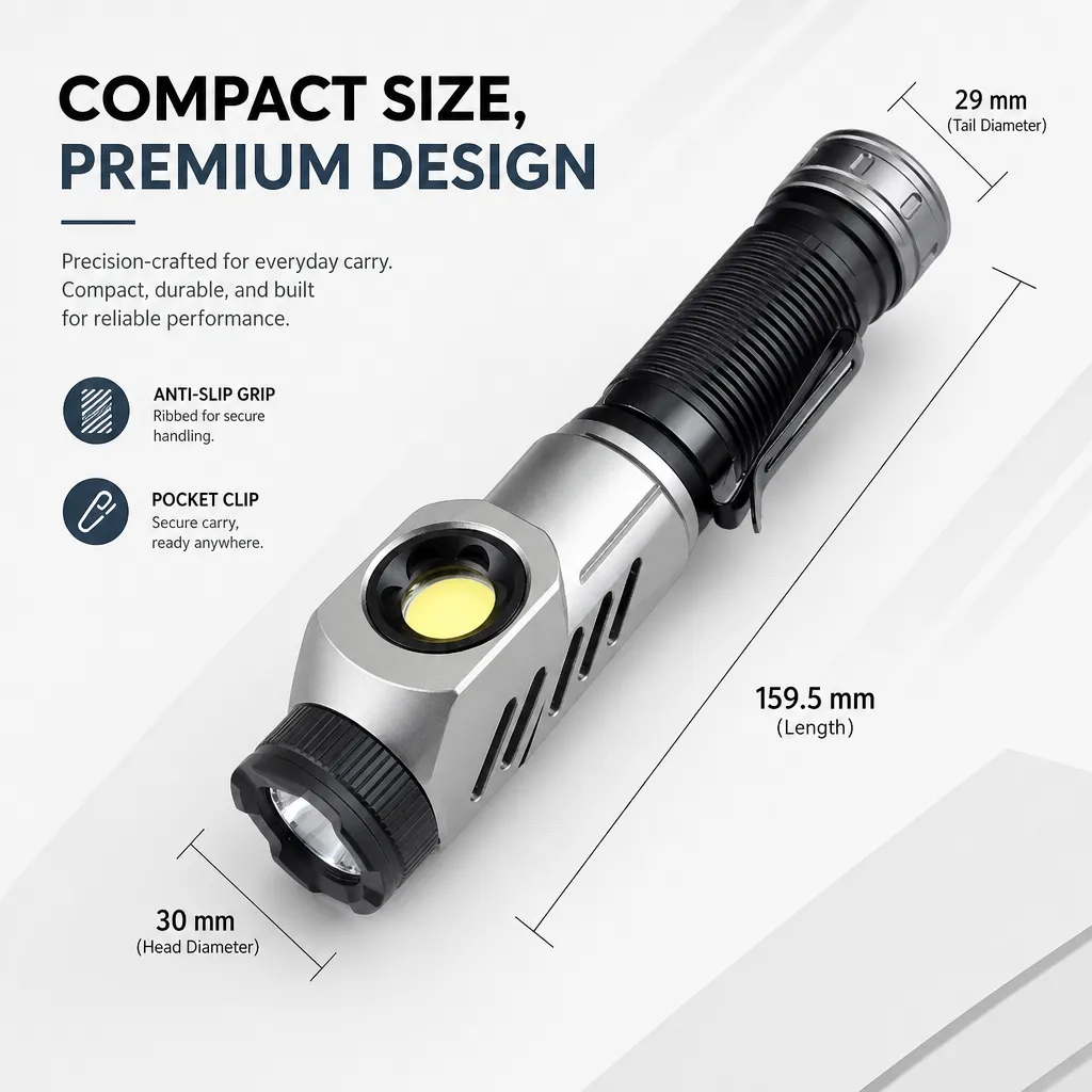 F303 1000 lm Rechargeable 90° Rotating Head Flashlight with COB Side Light