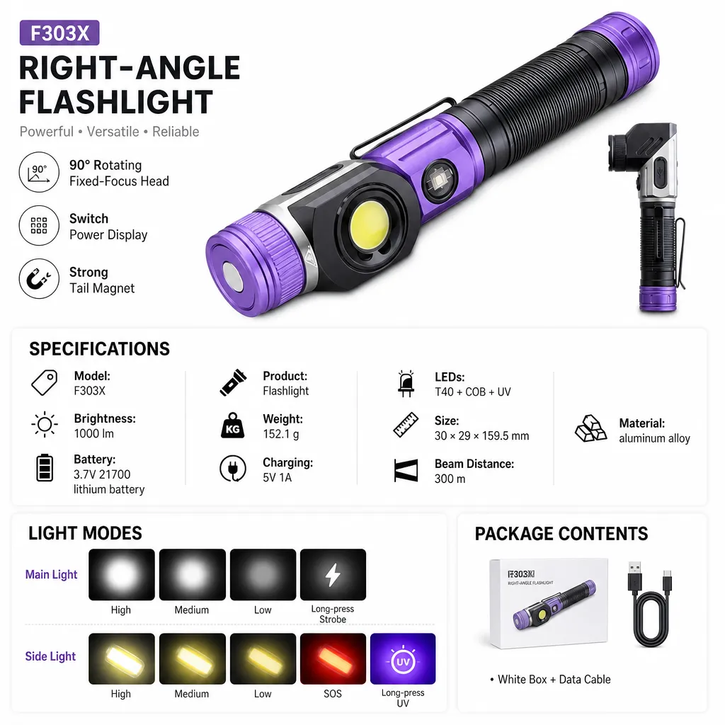 F303X 1000 lm Rotating Head LED Flashlight with COB UV Light