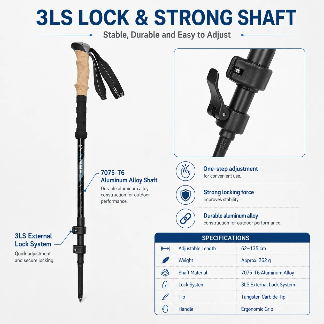 Foldable 3-section Nordic Walking Sticks Telescopic Hiking Poles
