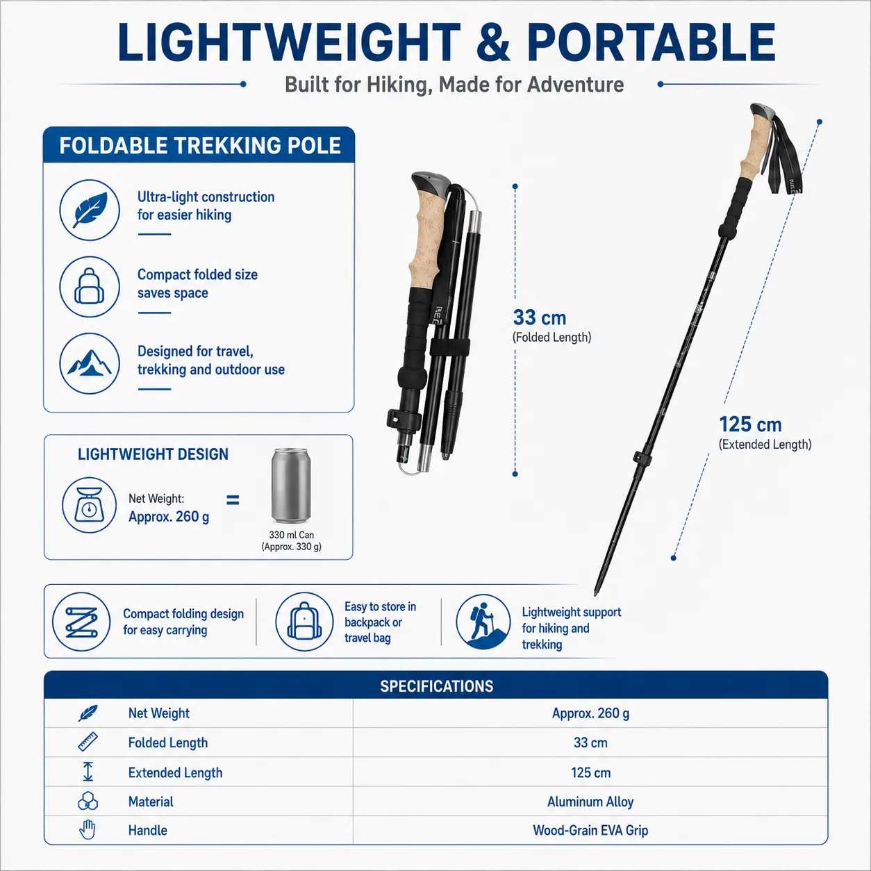 Foldable 3-section Nordic Walking Sticks Telescopic Hiking Poles