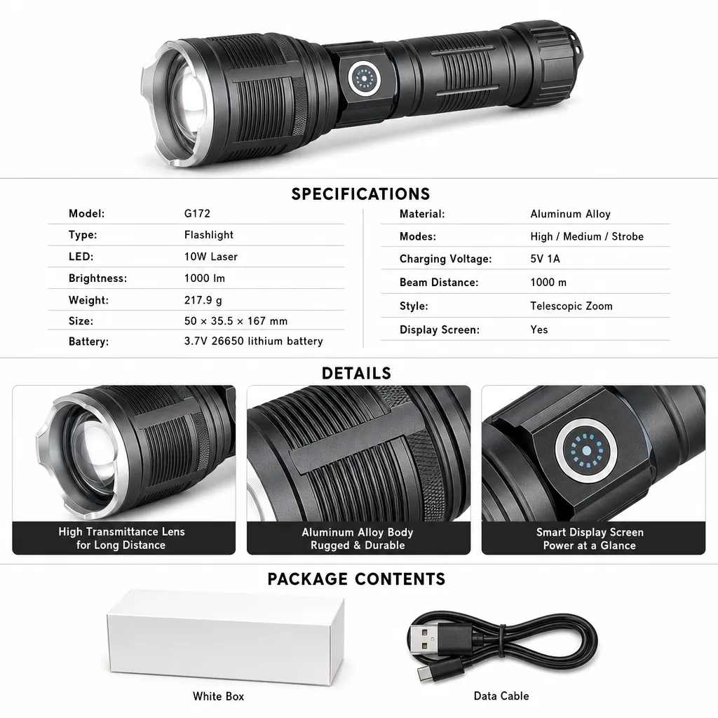 G172 10 W Laser Zoom Flashlight 1000 lm Aluminum Alloy 26650 Battery Torch