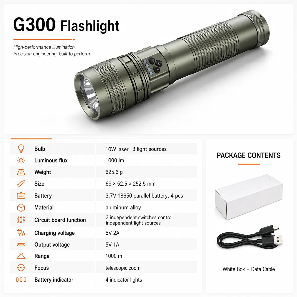 G300 10 W Laser Rechargeable Aluminum Flashlight