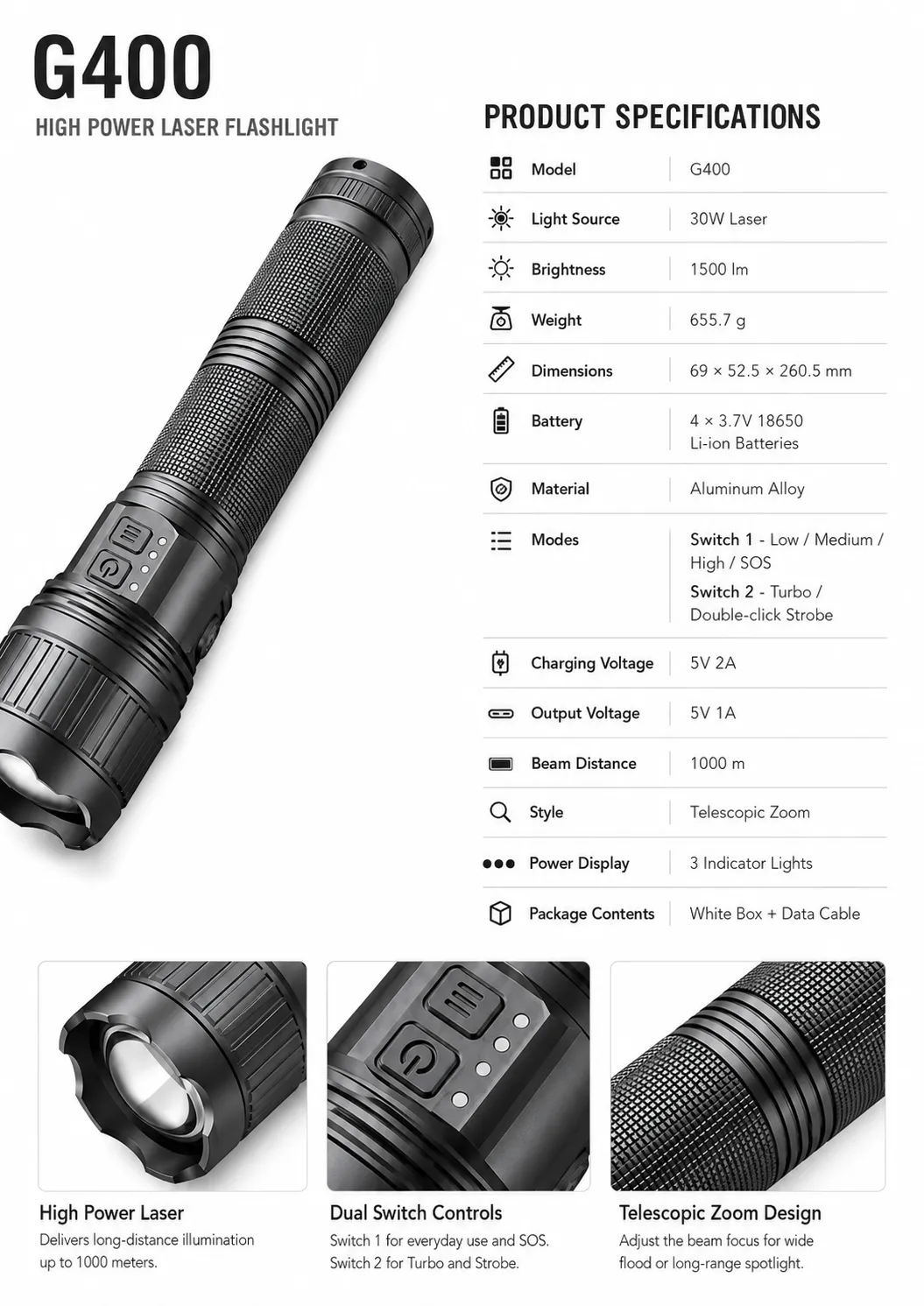 G400 30W Laser Flashlight