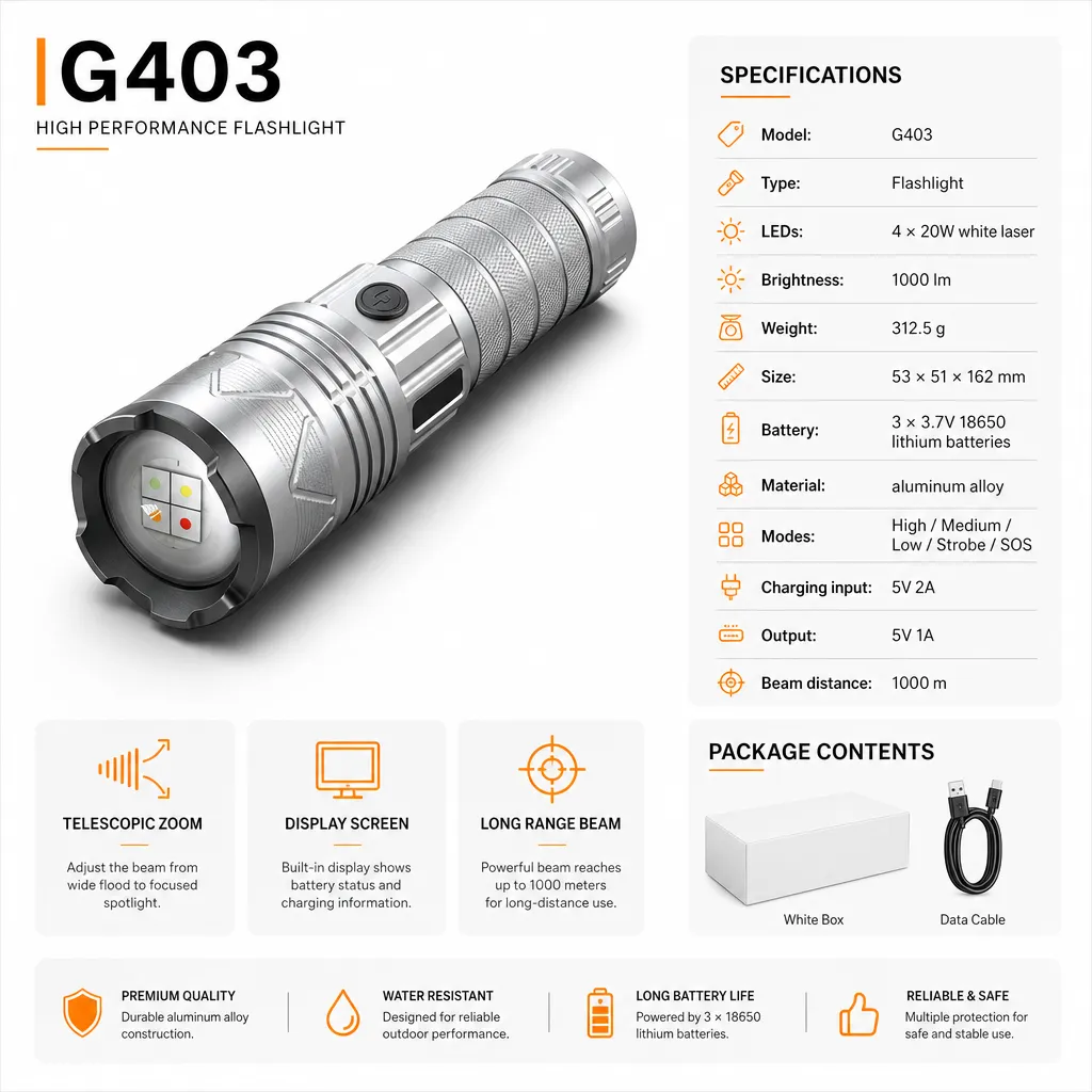 G403 4x20 W White Laser Zoom Flashlight 1000 lm Aluminum Alloy