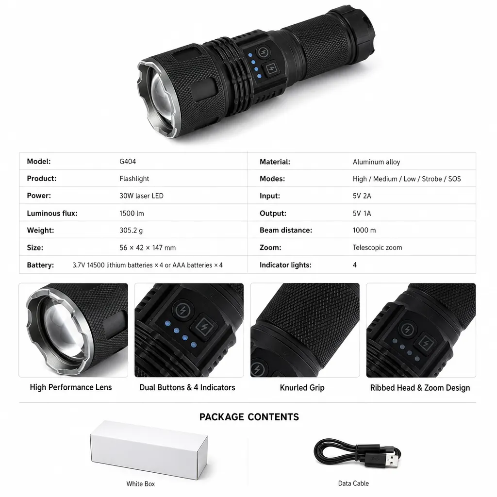 G404 Rechargeable Laser Flashlight Zoomable Tactical Torch