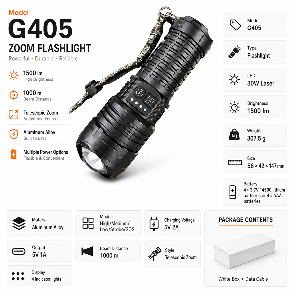 G405 Rechargeable Laser Flashlight Zoomable Tactical Torch