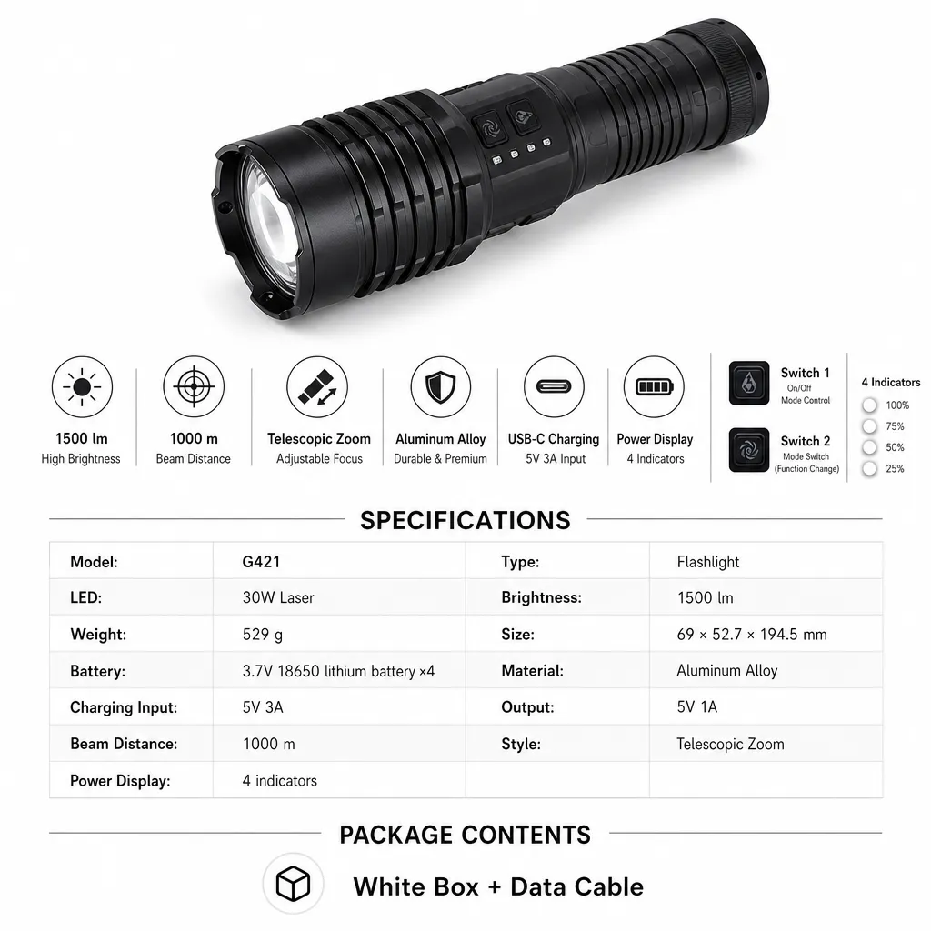 G421 Rechargeable Laser LED Flashlight Zoomable High Lumen Tactical Torch