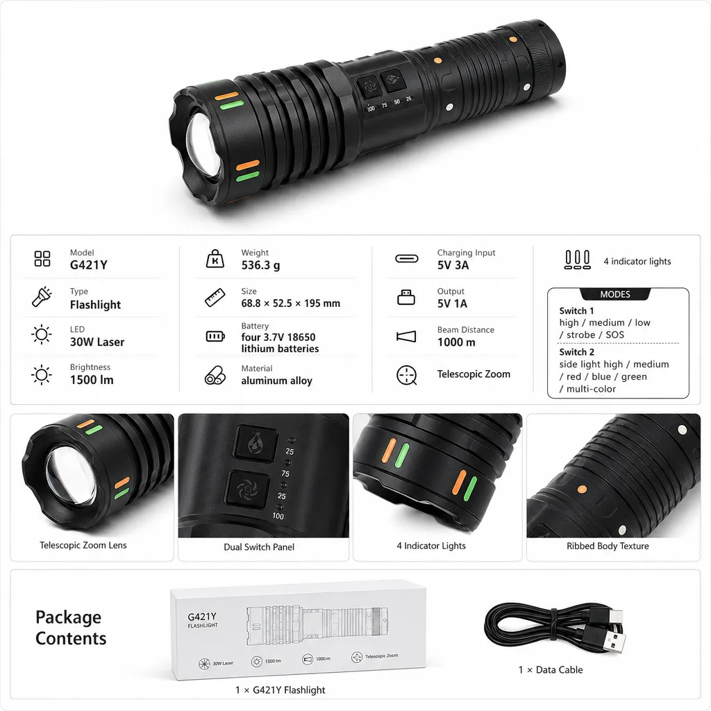 G421Y 30 W Laser Rechargeable Zoom Flashlight