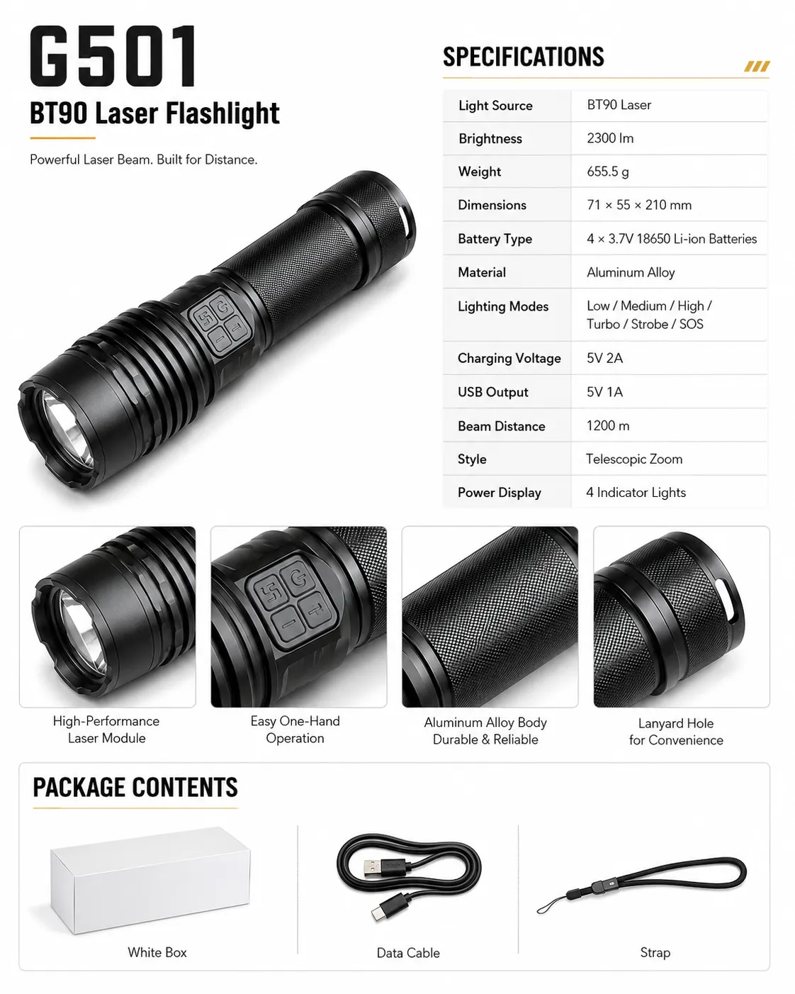 G501 BT90 Laser Flashlight 2300lm High Power Rechargeable LED Torch