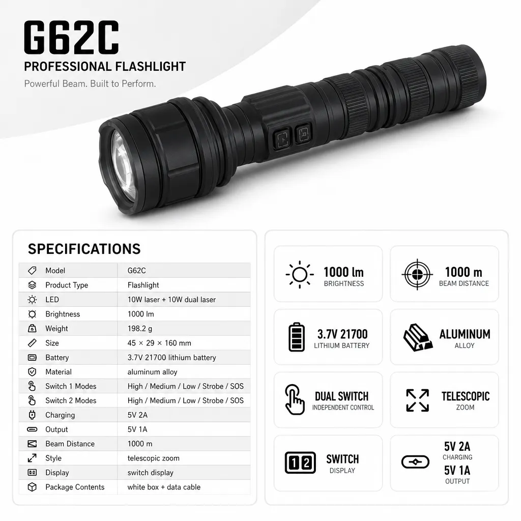 G62C Rechargeable Laser Flashlight Zoomable Torch