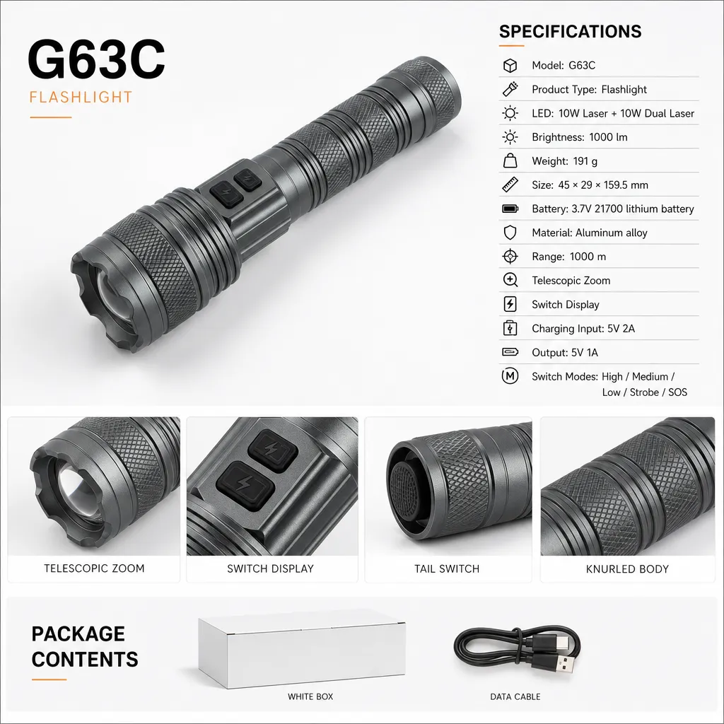 G63C Rechargeable Dual Laser LED Flashlight