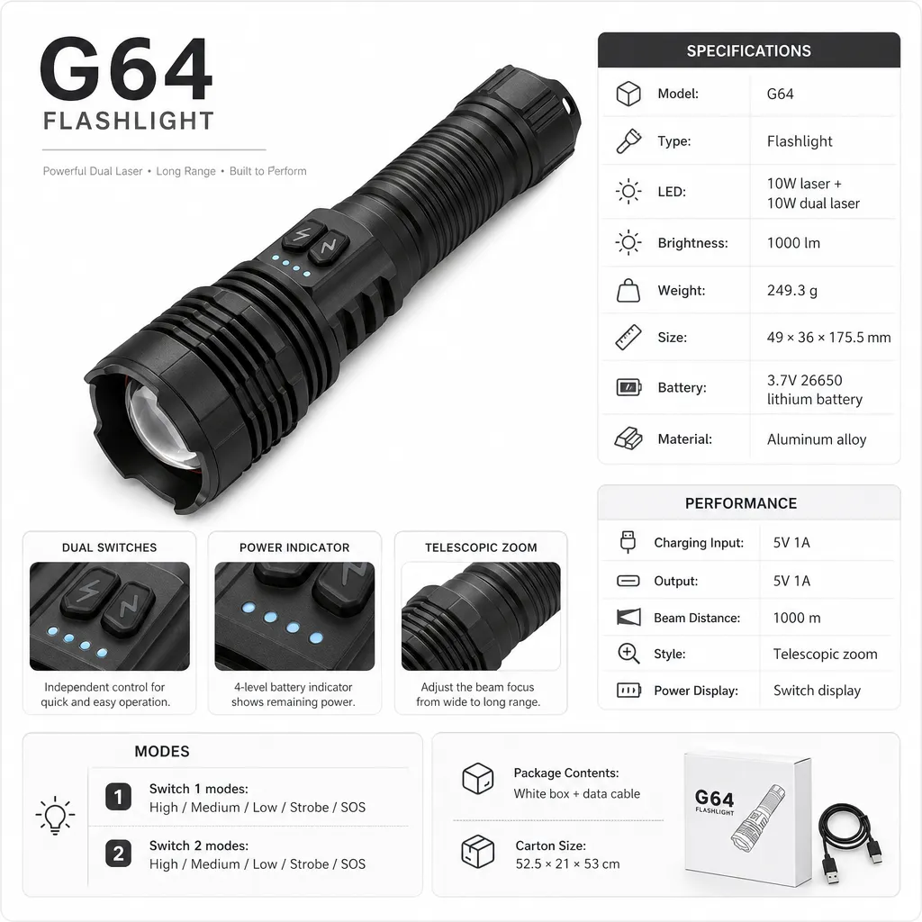 G64 Rechargeable Laser Flashlight Zoomable Tactical Torch