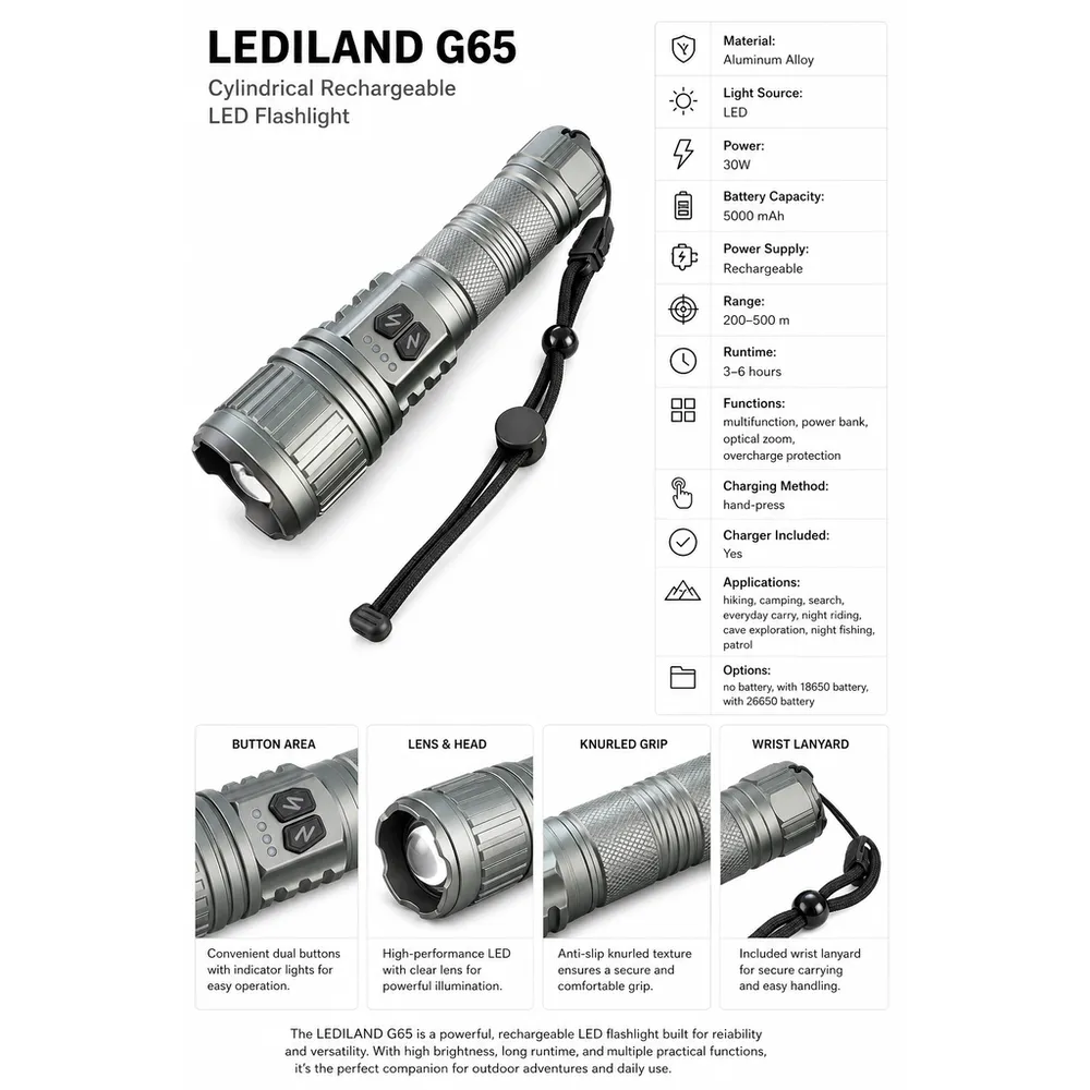 Aluminum Alloy USB Rechargeable IP65 Waterproof Strobe Zoom Flashlight