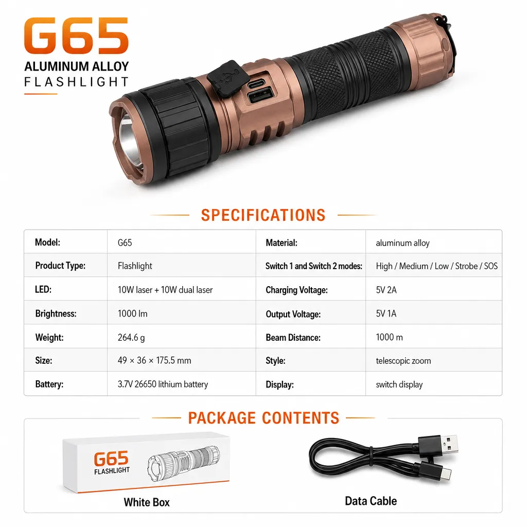 G65 Rechargeable LED Laser Flashlight Zoomable Tactical Torch