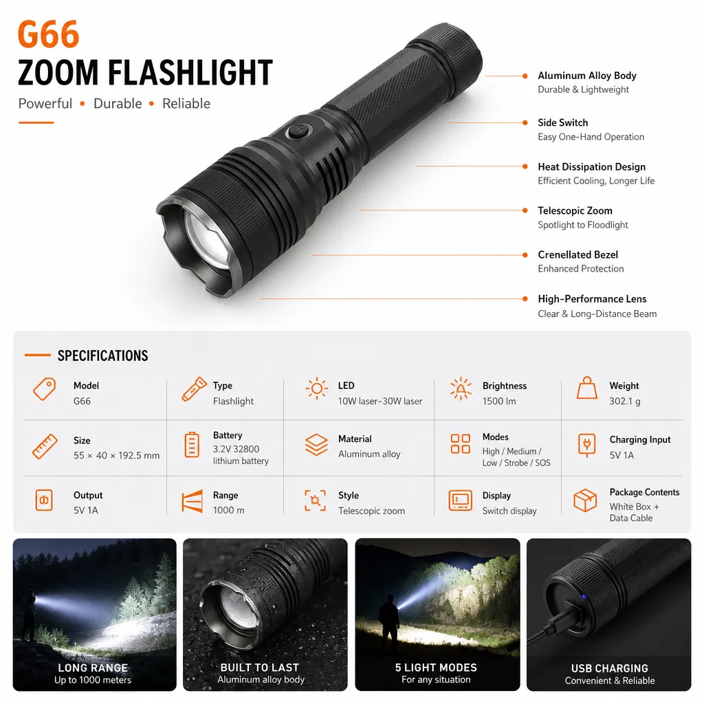 G66 Rechargeable Laser Flashlight Zoomable Tactical Torch