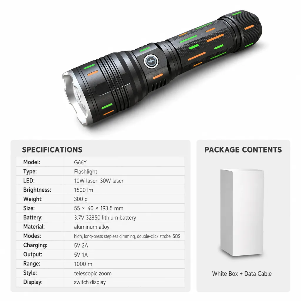 G66Y Rechargeable LED Laser Flashlight Zoomable Tactical Torch