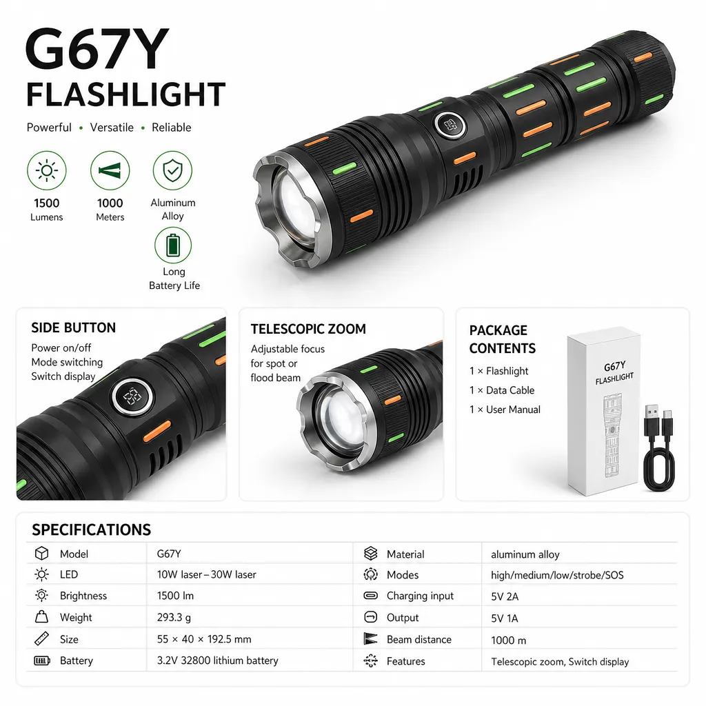 G67Y Rechargeable Laser Flashlight Zoomable Tactical Torch