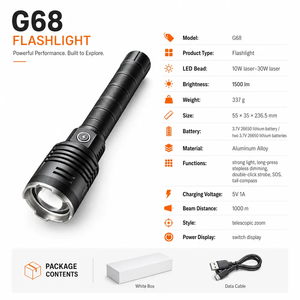 G68 Rechargeable Laser LED Flashlight Zoomable Tactical Torch