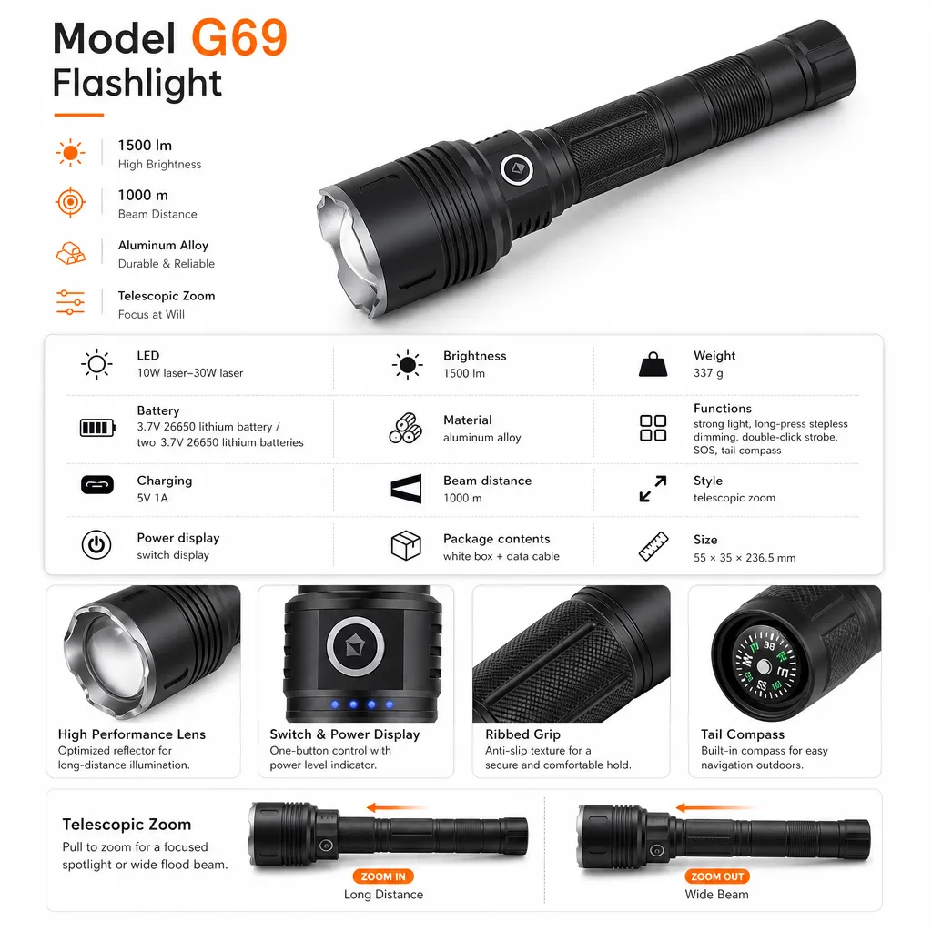 G69 Rechargeable Laser Flashlight Zoomable Tactical Torch