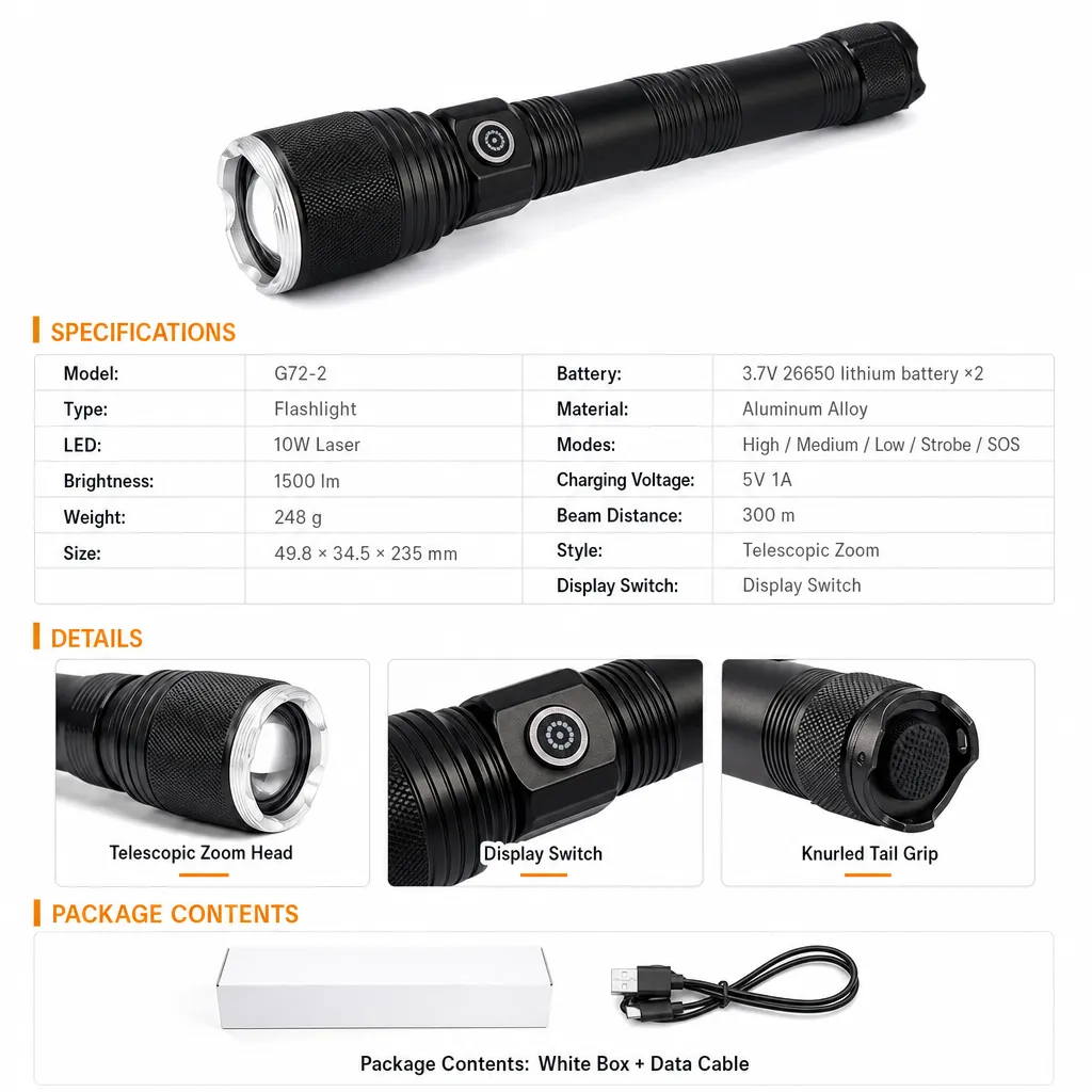G72-2 10 W Laser Zoom Flashlight 1000 lm Aluminum Alloy Rechargeable Torch