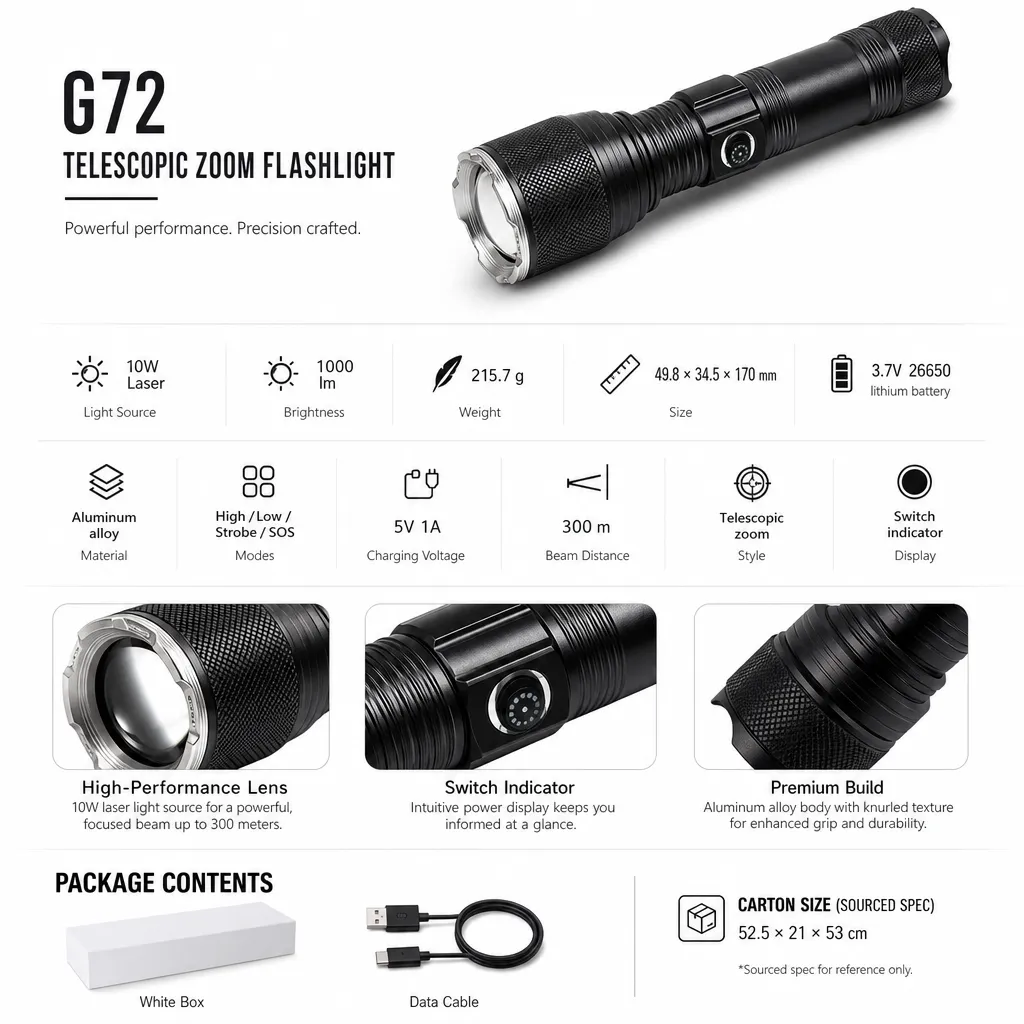 G72 10 W Laser Rechargeable Aluminum Alloy Zoom Flashlight