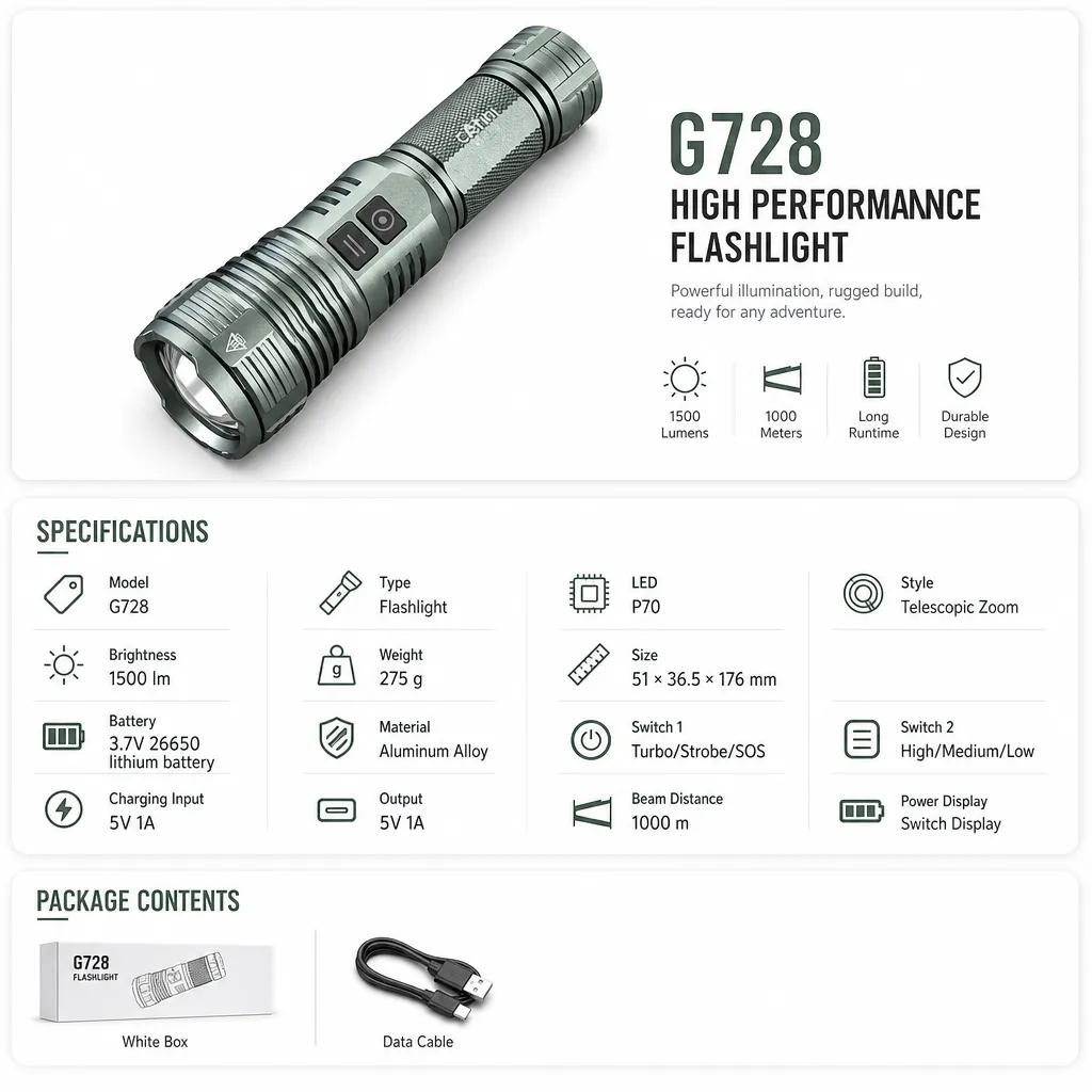 G728 P70 Rechargeable LED Flashlight 1500 lm Zoomable Aluminum Alloy Torch