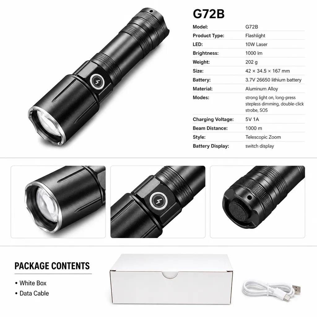 G72B Aluminum Alloy 10 W Laser Zoom Flashlight