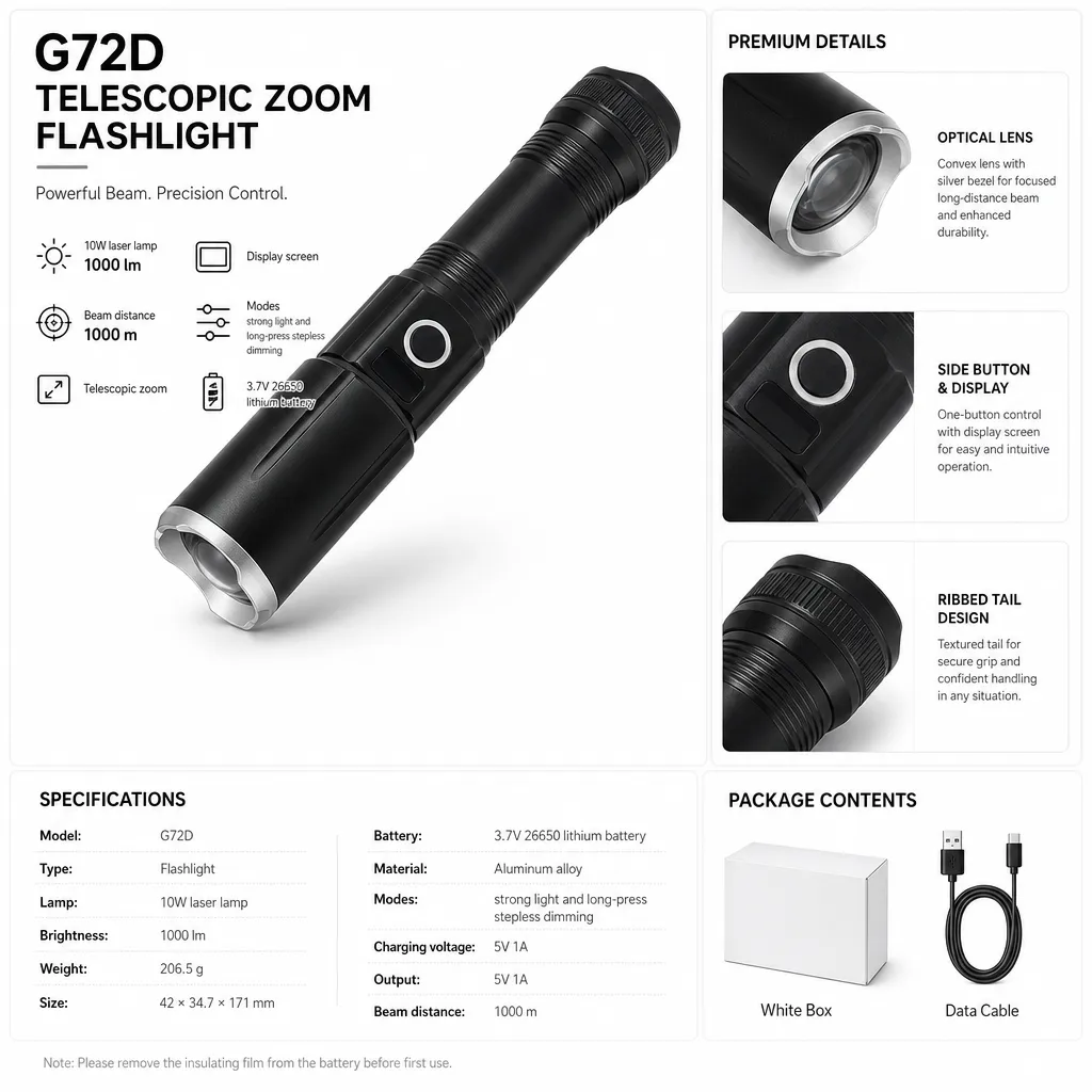 G72D 10 W Laser Rechargeable Zoom Flashlight 1000 lm Aluminum Alloy Torch