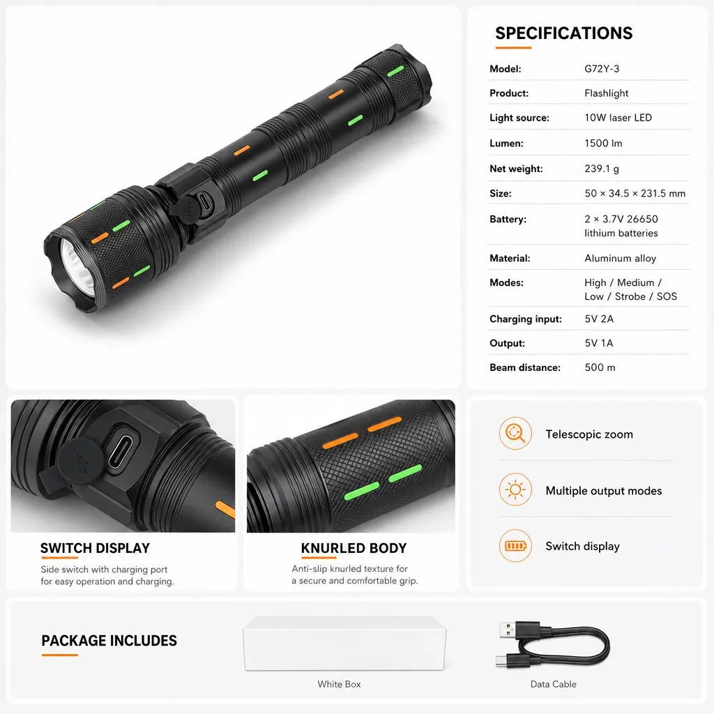 G72Y-3 10 W Laser Rechargeable Aluminum Alloy Zoom Flashlight