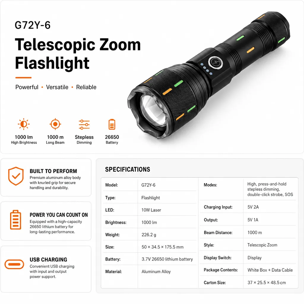 G72Y-6 10 W Laser Rechargeable Zoom Flashlight
