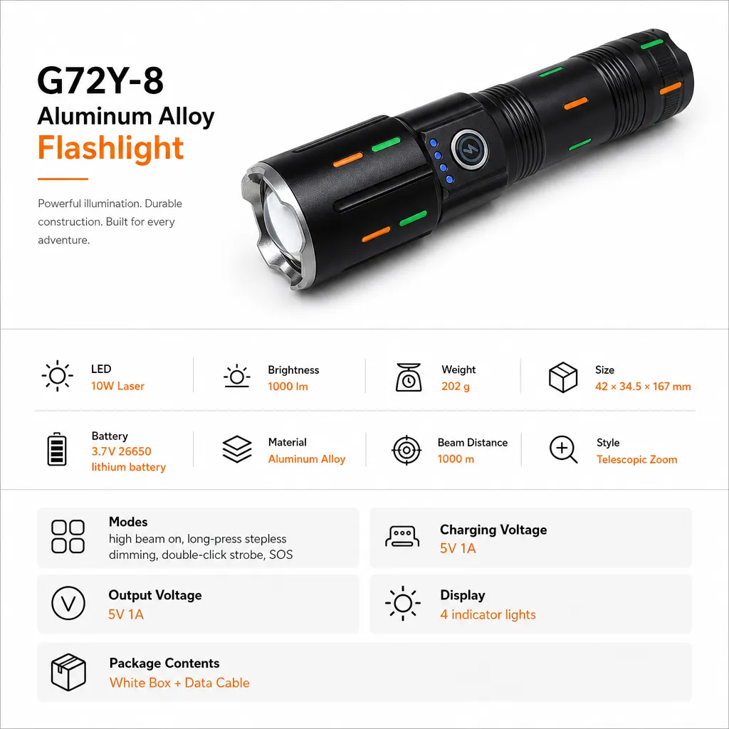 G72Y-8 10W Laser Zoom Flashlight 1000 lm Aluminum Alloy Rechargeable Torch