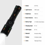 G72Y-8 10W Laser Zoom Flashlight 1000 lm Aluminum Alloy Rechargeable Torch