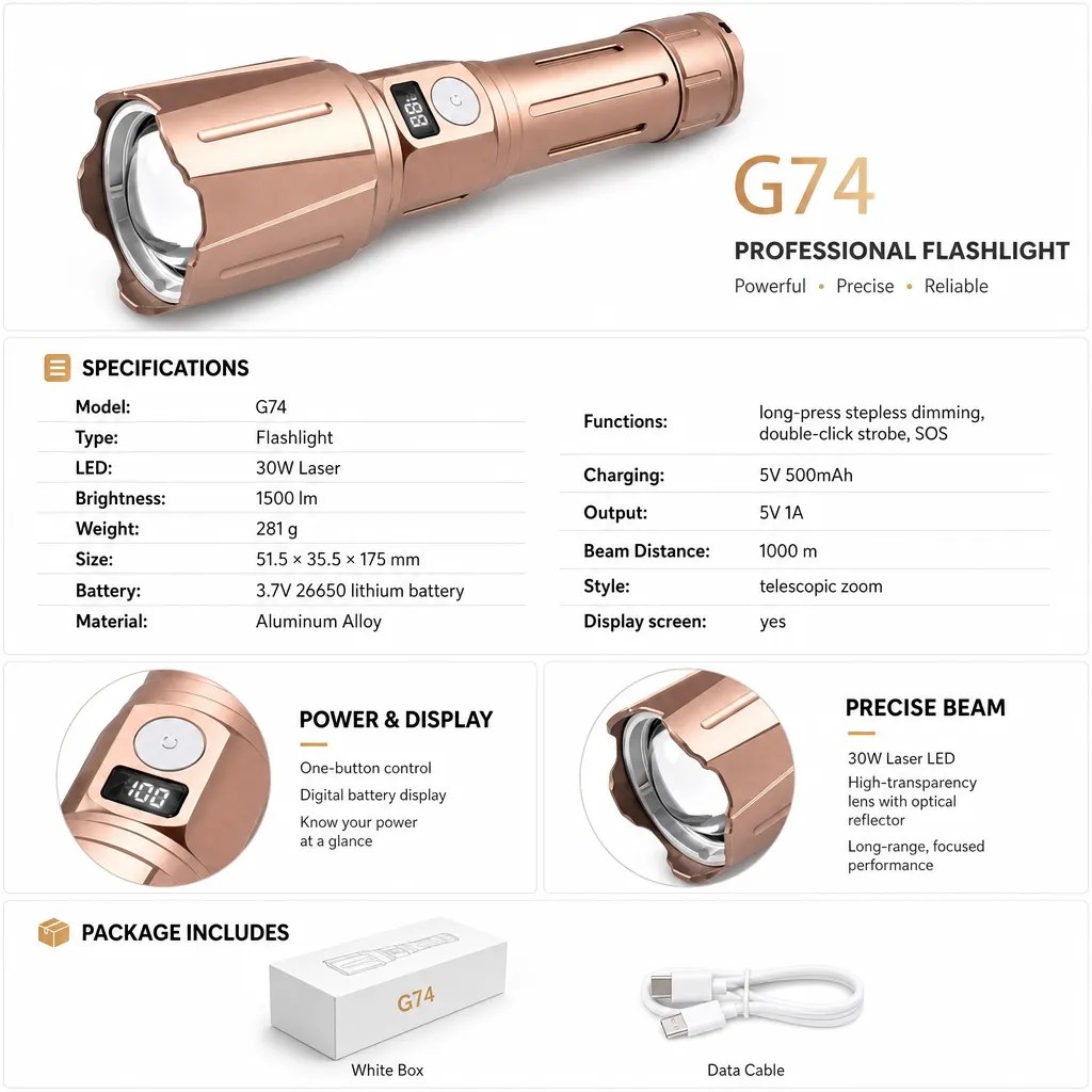 G74 30 W Laser Rechargeable Aluminum Zoom Flashlight