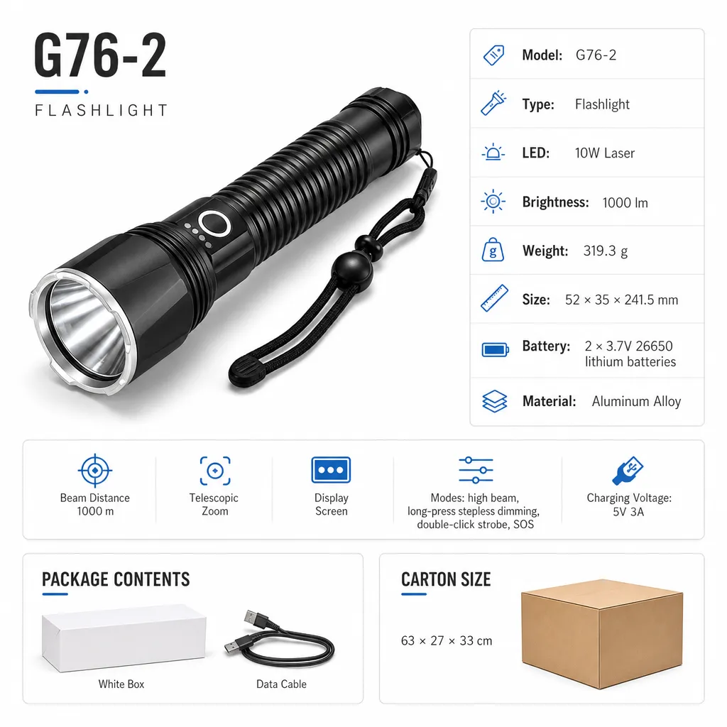 G76-2 10 W Laser Rechargeable Aluminum Zoom Flashlight