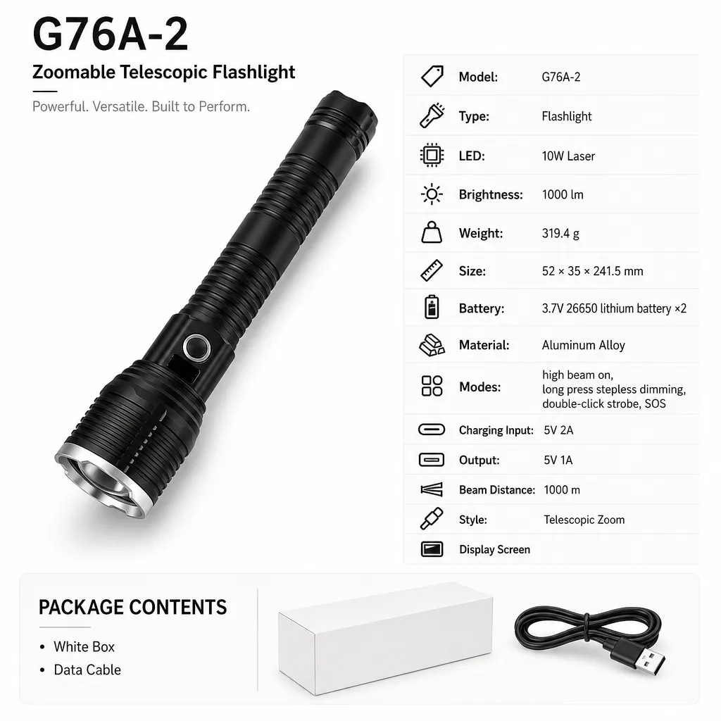 G76A-2 10W Laser Rechargeable Aluminum Zoom Flashlight