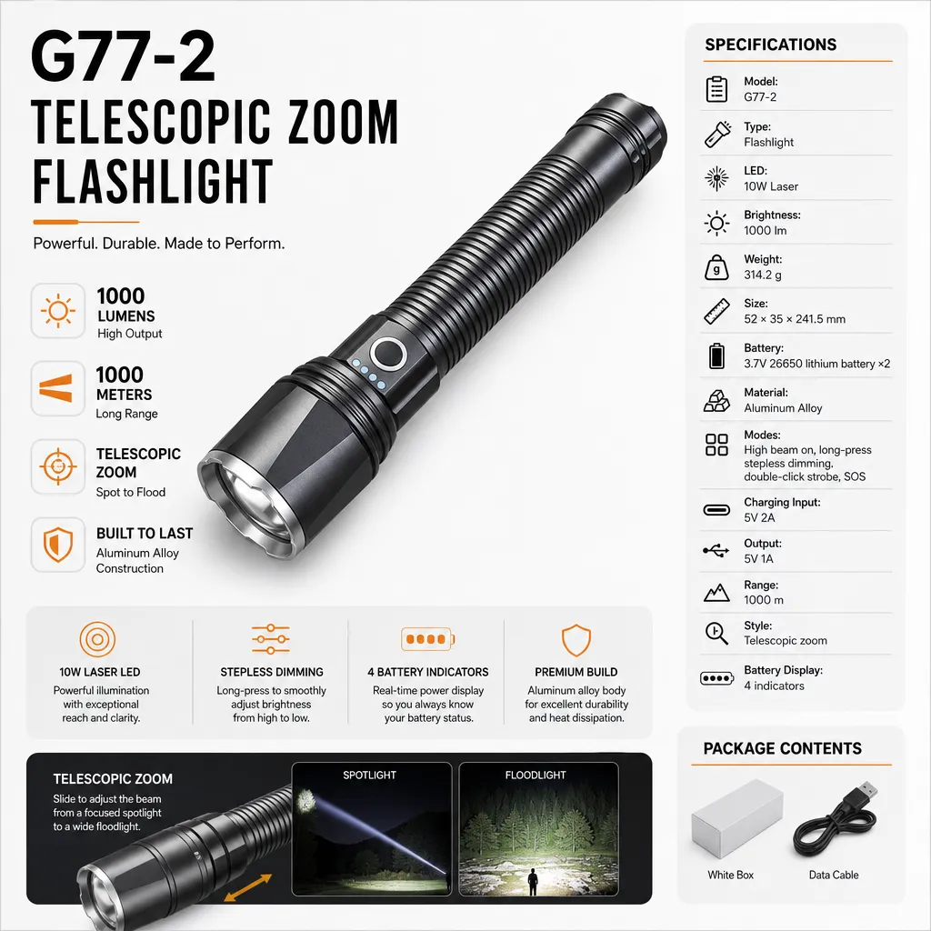G77-2 10 W Laser Zoom Flashlight 1000 lm Aluminum Alloy