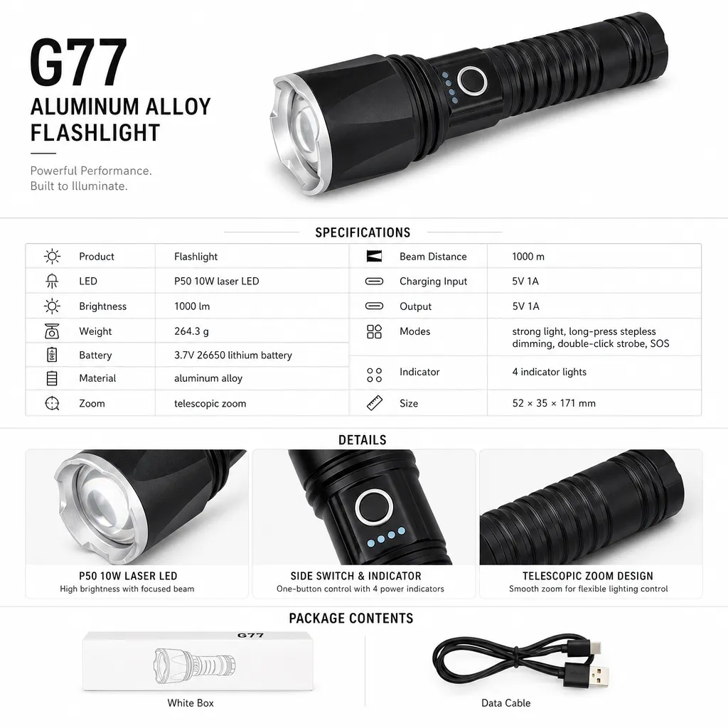 G77 10W P50 Laser Rechargeable Zoom Flashlight