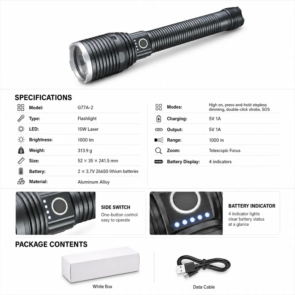G77A-2 10 W Laser Rechargeable Zoom Flashlight