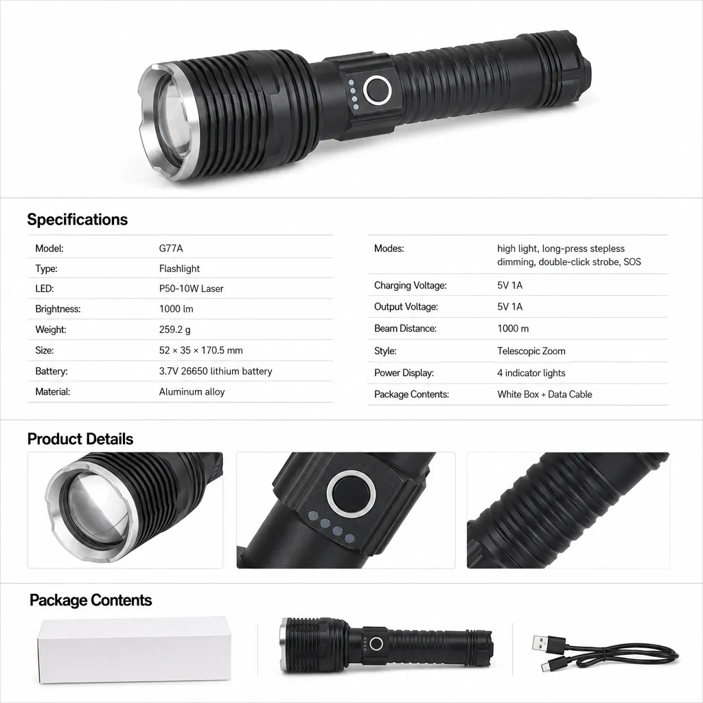 G77A 10 W P50 Laser Rechargeable Zoom Flashlight